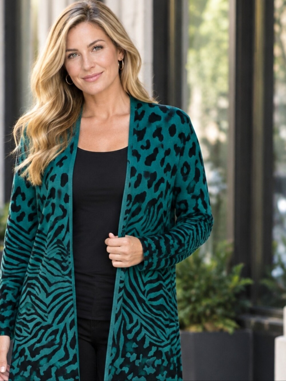 JM Collection Teal and Black Animal-Print Open-Front Cardigan